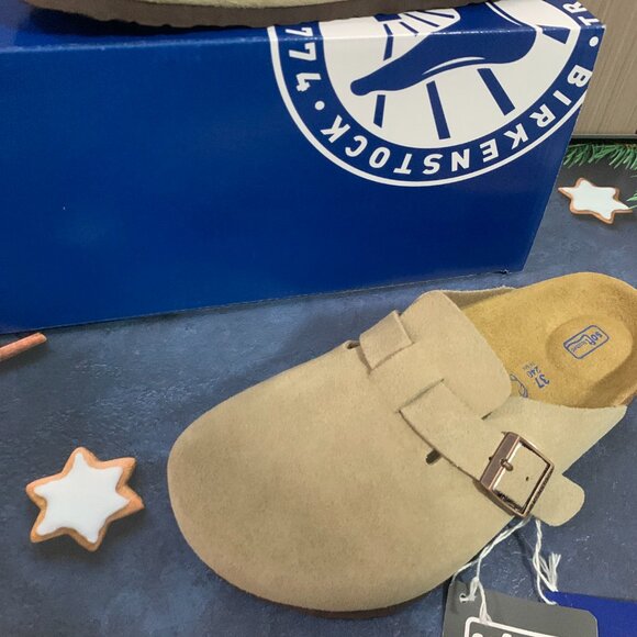 Birkenstock Boston Taupe Soft Footbed Suede Leather Unisex Comfort Shoes - Picture 2 of 5